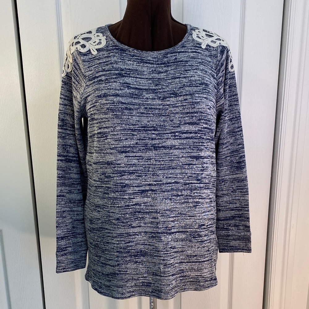 2 for $25 - Love & Legend Sweater in Marbled Blue & White, Lace Details, 1X Plus